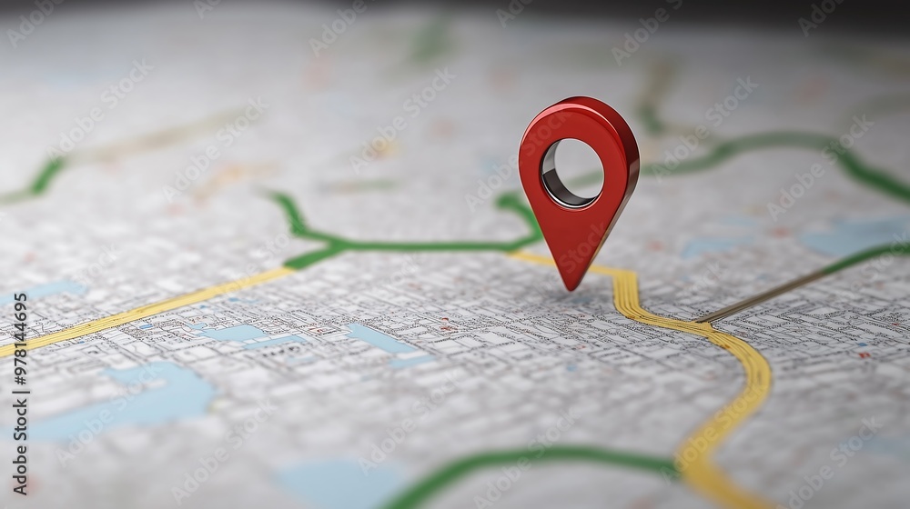Close-up of a red location pin placed on a detailed city map Close-up of a red location pin placed on a detailed city map