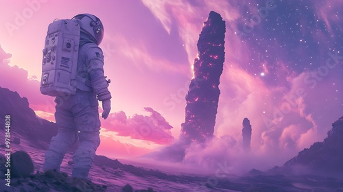 Fototapeta Naklejka Na Ścianę i Meble -  Astronaut in a space suit, standing before towering alien rock formations, the sky bathed in purple light, cosmic dust swirling in the distance