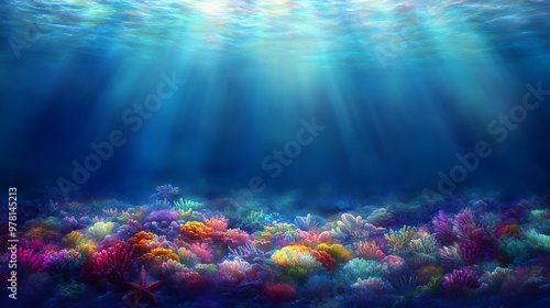 Fototapeta Naklejka Na Ścianę i Meble -  An exotic coral reef teeming with marine life, including starfish, sea turtles, and bioluminescent creatures, glowing in the deep blue ocean, Fantasy, Neon, Illustration, vibrant colors