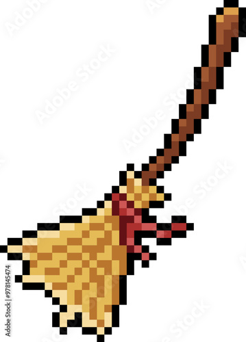 Halloween Witch Broom Pixel 8bit Illustration.