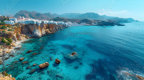 Coastal Village with Turquoise Waters and Mountain Views - Realistic Image