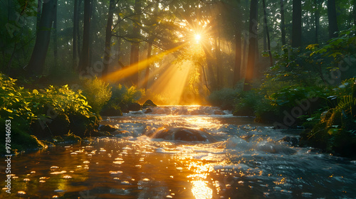 Sunrise Over A River In A Lush Forest - Realistic Image