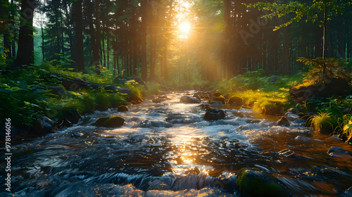 Sunlight Streaming Through Forest Trees Over a Stream in the Woods - Nature Photography