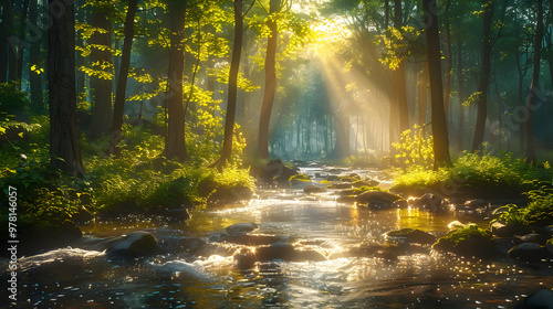 Forest Stream Sunlight Illustration