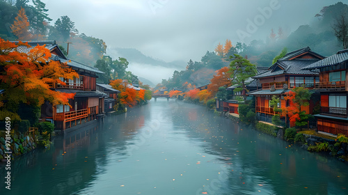 Misty River Scene with Traditional Japanese Houses Illustration