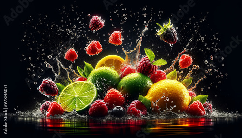 Dynamic display of citrus and berries in mid-air with splashing water, perfect for fresh food promotions.