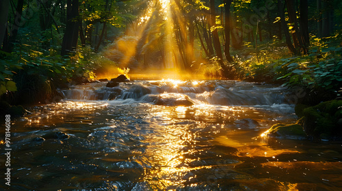 Golden Sunlight Stream in Forest - Nature Photography