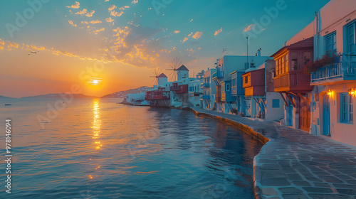 Sunset over the Mediterranean Sea with Windmills and Colorful Buildings -  Illustration
