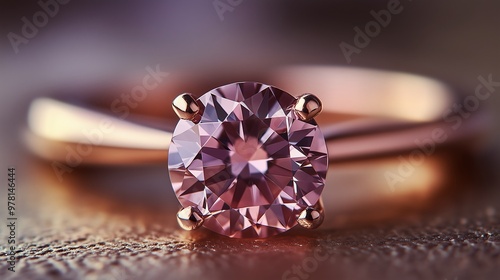 Close-up of pink diamond engagement ring on rose gold band photo