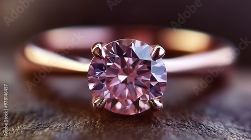 Close-up of pink diamond engagement ring on rose gold band photo