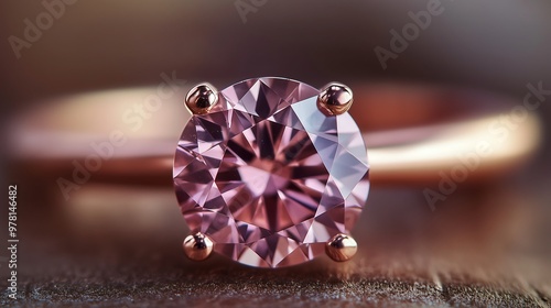 Close-up of pink diamond engagement ring on rose gold band photo