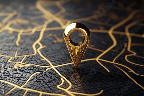 Shiny golden map pin placed on elegant black and gold map photo