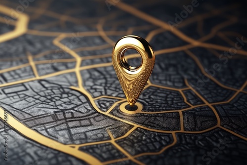 Shiny golden map pin placed on elegant black and gold map photo