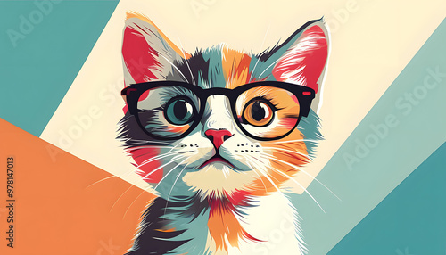 Cute Cat Wearing Glasses on Abstract Background
