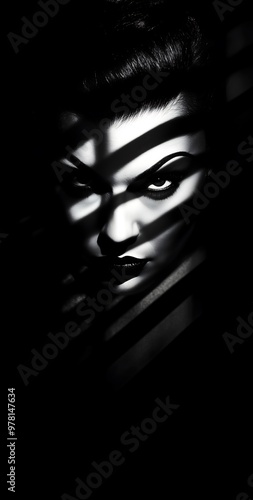 Dramatic black and white portrait of woman behind shadow stripes photo