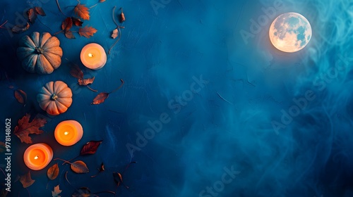Eerie Halloween pumpkins and candles under a full moon with dark blue fog and dried leaves