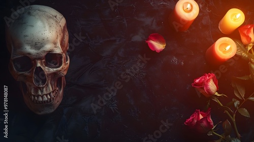 Skull and wilted roses with candles on black velvet in gothic style