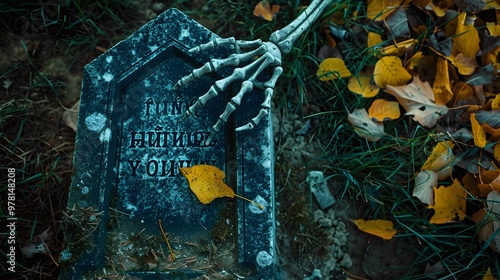 Gravestone with skeletal hand and fallen leaves in twilight overgrown setting