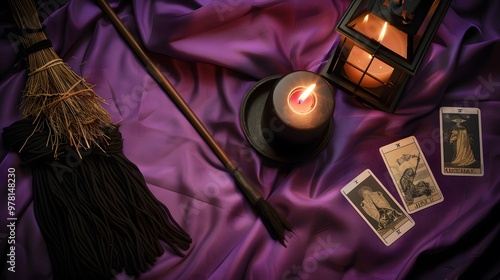 Witch broom, black candle, and tarot cards with purple cloth background