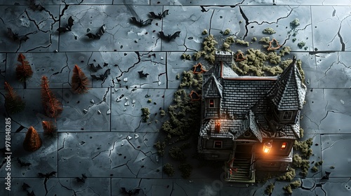 Haunted house model with miniature trees and bats on cracked tile background