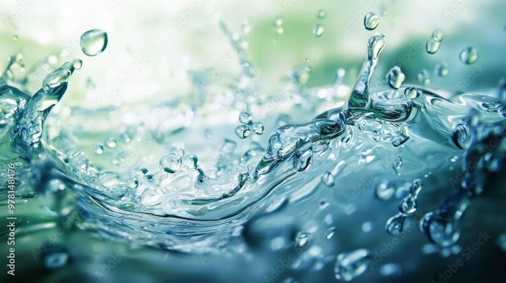 Clear water splash in mid-motion with soft green background Clear water splash in mid-motion with soft green background