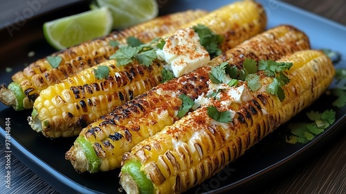 Grilled Mexican street corn topped with cilantro and lime on plate photo