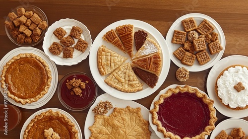 A delightful array of desserts featuring various pies, cakes, and treats perfect for a festive celebration.