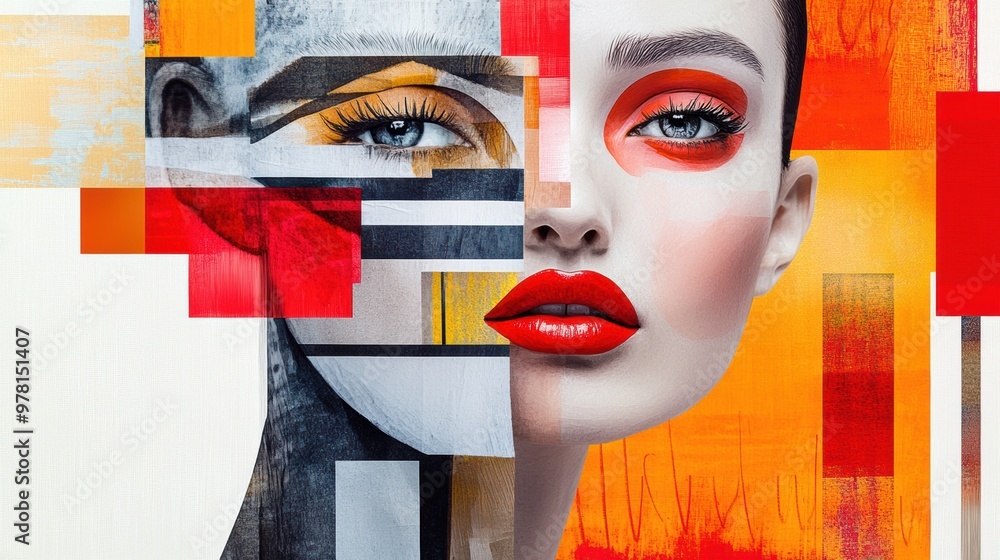 A woman with red lips and a face painted in different colors, AI A woman with red lips and a face painted in different colors, AI