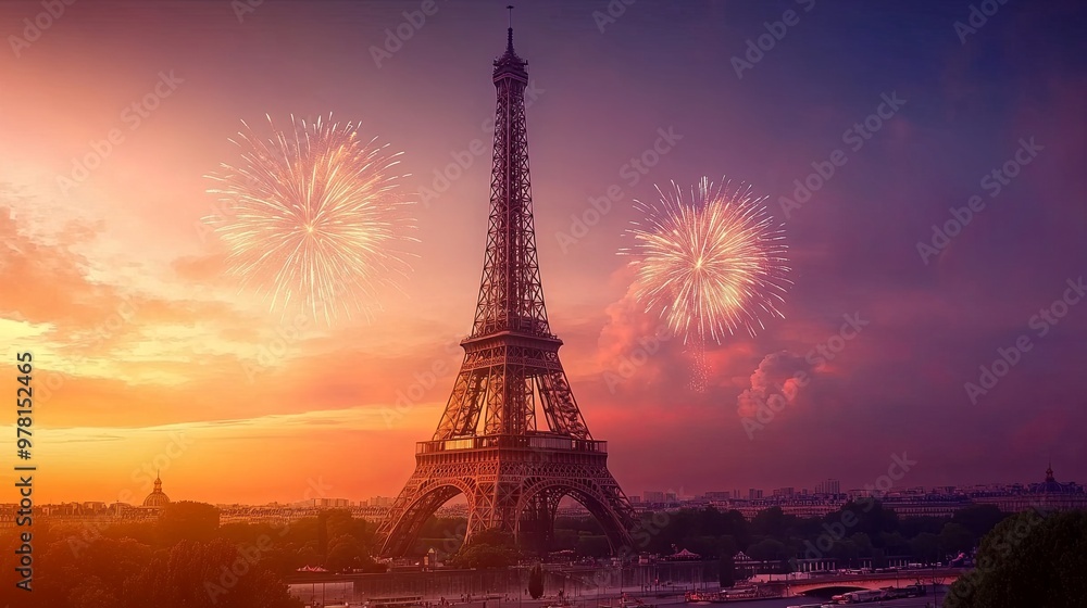 Fototapeta premium Spectacular Bastille Day Fireworks Display Illuminating the Eiffel Tower in Paris.