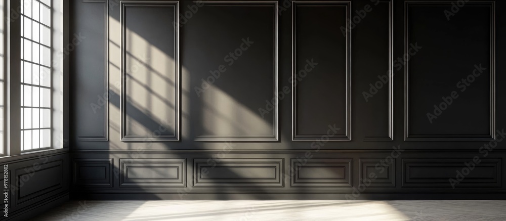 Minimalistic black interior space featuring sunlight streaming through a window adorned with white decorative classic molding on the walls complemented by a flat ceiling and baseboard 3D rendering Minimalistic black interior space featuring sunlight streaming through a window adorned with white decorative classic molding on the walls complemented by a flat ceiling and baseboard 3D rendering