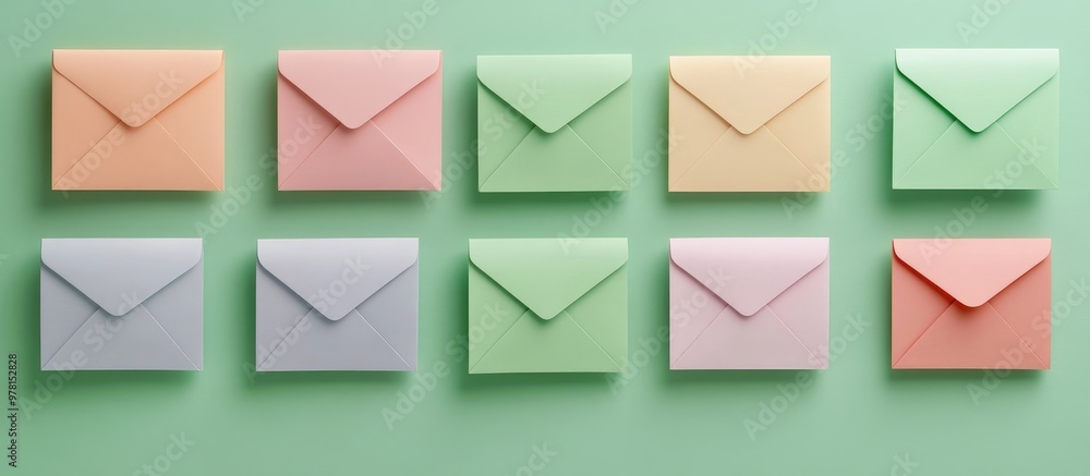 Three dimensional rendering of pastel colored envelopes arranged flat on a green background