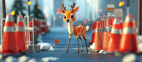 3D rendered illustration of a cartoon deer character surrounded by barricades photo