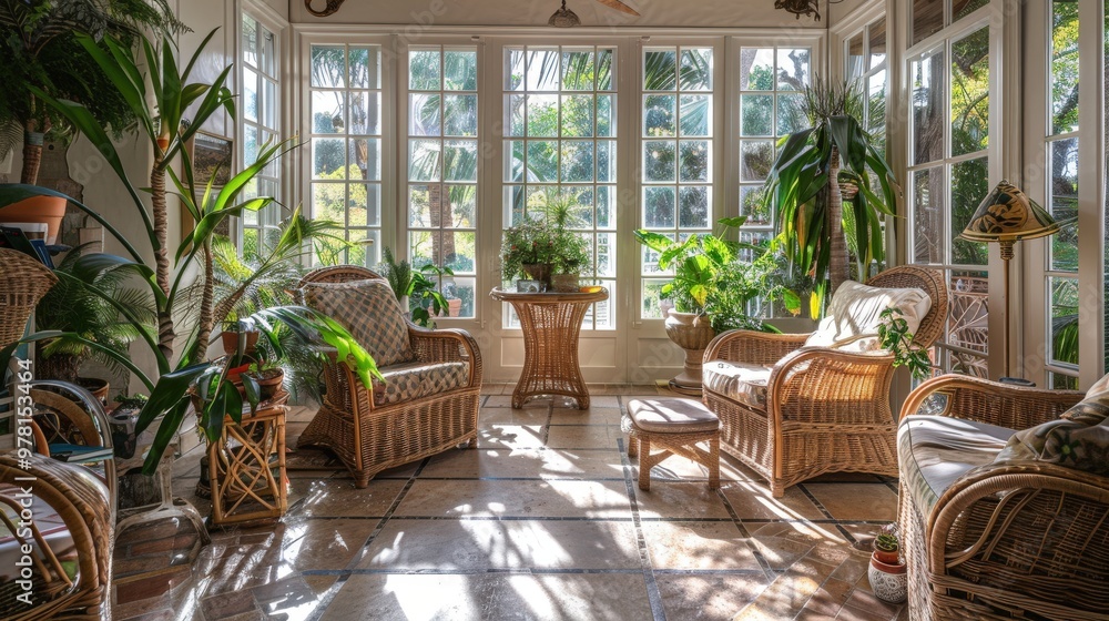 Fototapeta premium Sunroom filled with natural light, comfortable wicker furniture, and plenty of plants, offering a fresh and serene space.