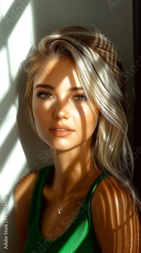 Portrait of a Beautiful Woman with Sunlight and Shadow Patterns photo