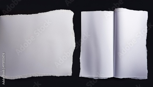 two sheets of white torn paper with folds isolated on a black background photo