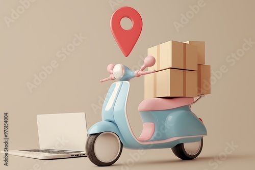 Delivery Scooter with Red Location Pin Icon and Boxes photo