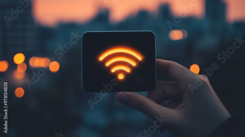 Hand Holding Wi-Fi Symbol at Sunset in the City photo