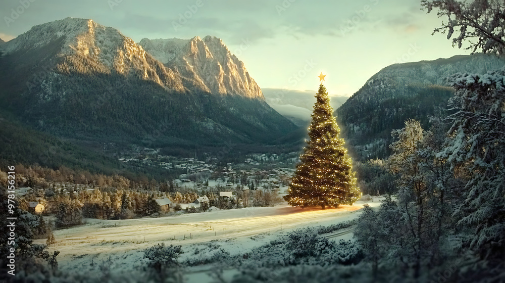 Christmas Tree on Mountaintop: A majestic Christmas tree stands tall on a snow-covered mountaintop, bathed in the golden glow of the setting sun, with a picturesque village and towering mountains in t Christmas Tree on Mountaintop: A majestic Christmas tree stands tall on a snow-covered mountaintop, bathed in the golden glow of the setting sun, with a picturesque village and towering mountains in t