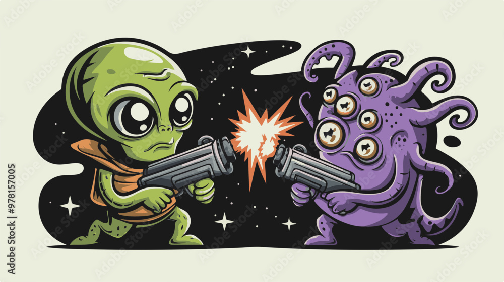 Fototapeta premium Alien Duel: Cartoon Style Vector Art of Extraterrestrial Battle