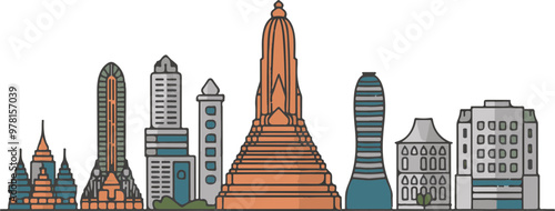 Modern City Skyline with Traditional Temples in Vector Art