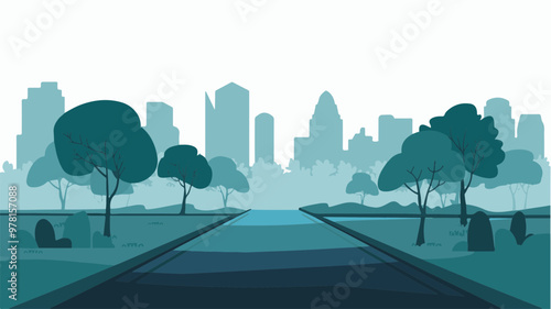 Serene Cityscape with Trees and Road in Vector Style