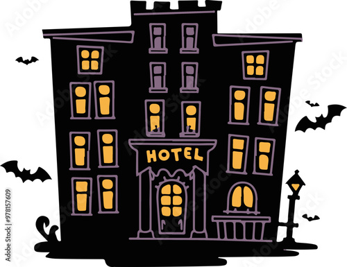 Vector Illustration of a Haunted Hotel with Bats