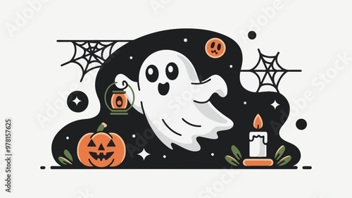 Whimsical Ghost with Lantern in Halloween Scene