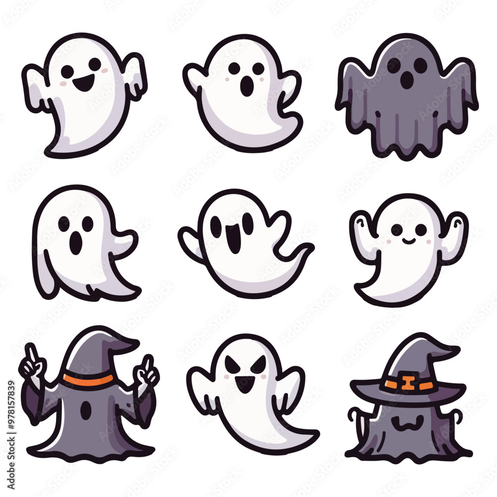 Set of halloween ghosts. Happy Halloween scary spirits with pumpkin in different poses. Cartoon stickers. Set of halloween ghosts. Happy Halloween scary spirits with pumpkin in different poses. Cartoon stickers.