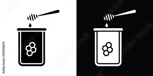 Honey jar with dipper icon Vector flat thin line illustration