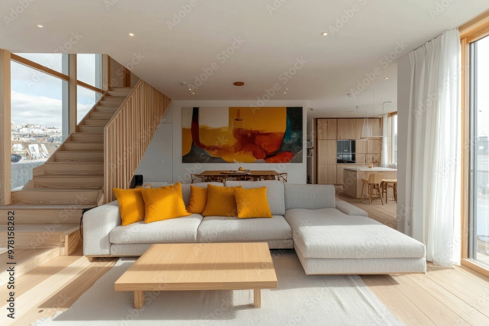 Fototapeta premium Modern living room with a cozy atmosphere and art.