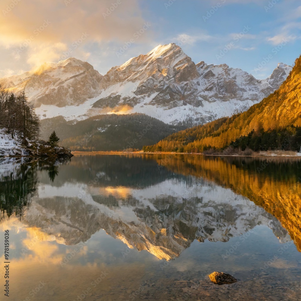 Obraz premium Snow-capped peaks reflected in a tranquil alpine lake during winter