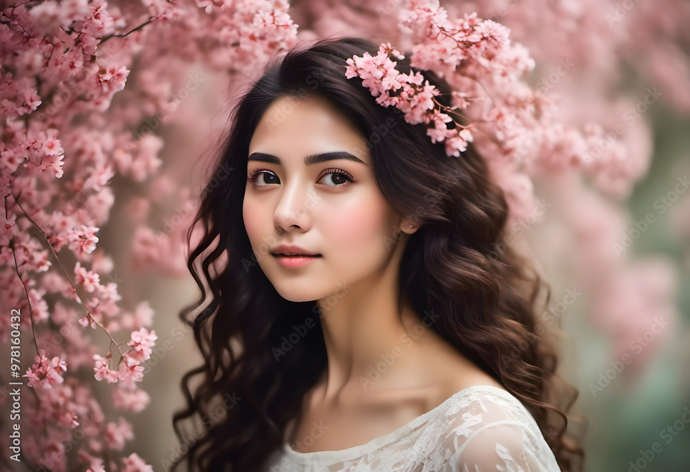 Naklejka premium A young woman with long, curly hair stands in front of blooming cherry blossom trees. She has a serene expression and is adorned with delicate pink flowers in her hair.