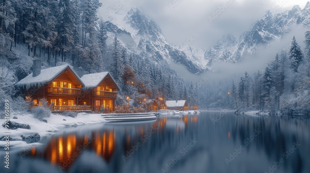 Fototapeta premium Winter Wonderland Cabin by the Lake