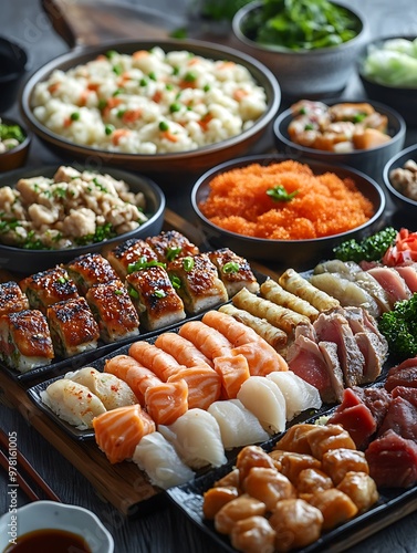 A neatly arranged spread of internationally loved dishes, with a generous space for text, ideal for menu promotions